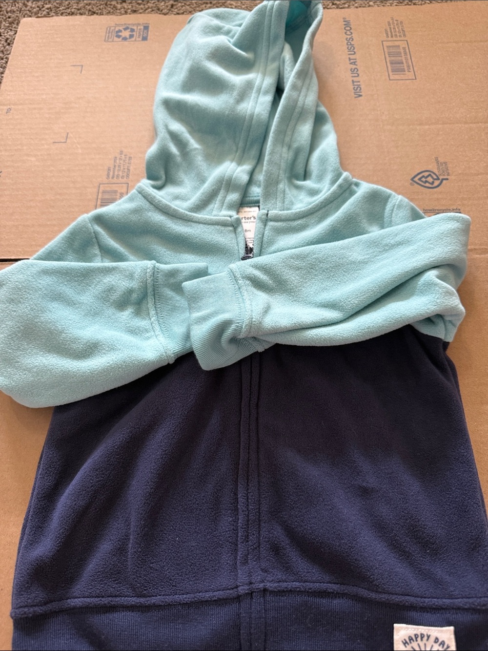 Kids Two-Tone Hooded Fleece Jacket - Light Teal & Navy